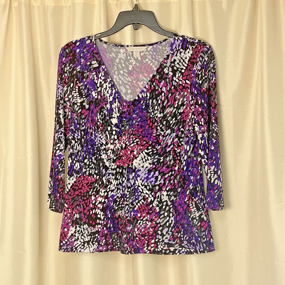 Laura Ashley Petite Medium Purple Abstract Print Ruched V NeckSilky Top